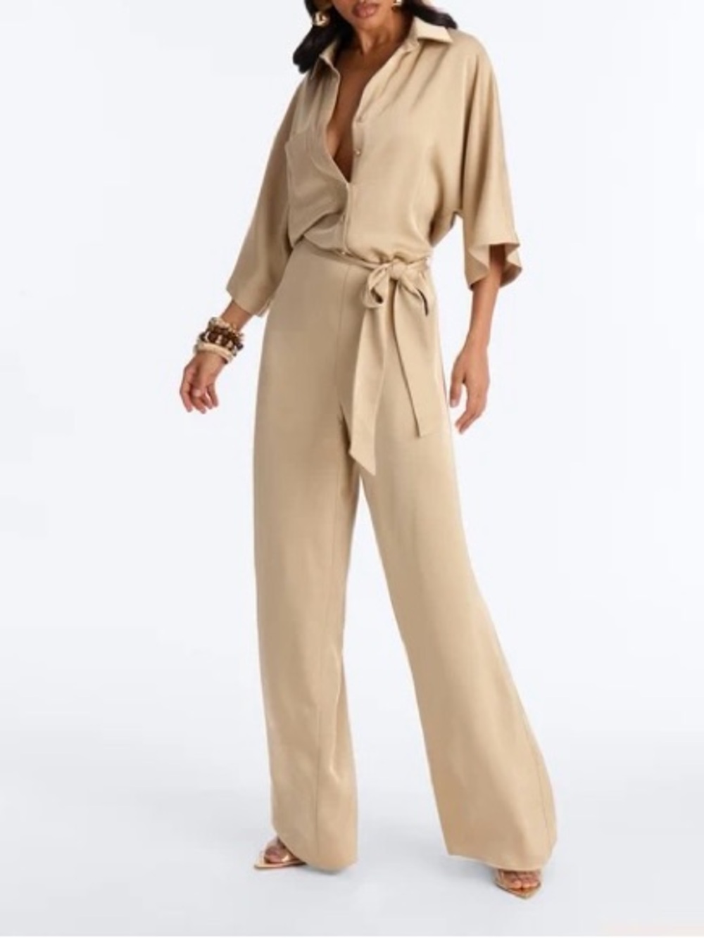 Fashion Nova Beige Wide-Leg Tie-Waist Jumpsuit